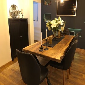 Live Edge Mango Wood <b>Dining</b> <b>Table</b> with <b>Bench</b> <b>Set</b> | Honey Oak Finish | Industrial X-Frame Metal Legs | Seats 6–8 - Product Image 3