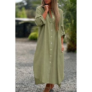 Vestido Largo Holgado con Cuello y Botones Delanteros para Mujer, 34352 - Verde - Product Image 3