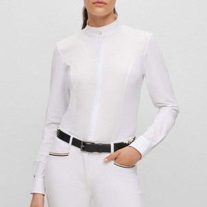 <b>White</b> Long Sleeve High Neck Equestrian Shirt With Black <b>Belt</b> And Trim Details - Product Image 1