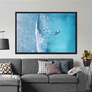 Impression sur toile de kayak aérien sur l'océan : Art marin bleu turquoise, 1P : encadré noir - Product Image 1