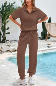 Sudadera de verano con media cremallera para mujer, conjuntos de pantalones de chándal para correr, trajes de 2 piezas, chándal de manga corta con cuello levantado, chándal de salón - Product Image 4