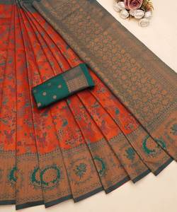 Amarillo Sari blusa verde tejido indio mujeres adultos lavable limpieza en seco India y Pakistán apoyo tamaño completo Saree / Sari / Shari - Product Image 4