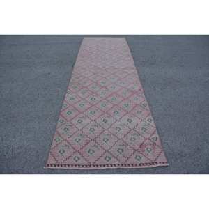 Alfombra turca Vintage grande de 3,5x11,4 pies, patrón abstracto de lana verde rosa, respaldo de látex para pasillo, modelo de habitación, alfombra rectangular - Product Image 1