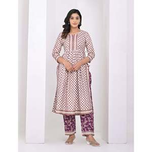 Conjunto de Salwar Kameez y Pantalón de Algodón con Estampado de Bloques en Blanco y Morado - Product Image 1