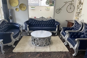 Royal Look-Conjunto de sofás de 7 plazas con mesa central, juego de sofás de lujo con tallado y tapicería, acabado de pulido plateado - Product Image 2