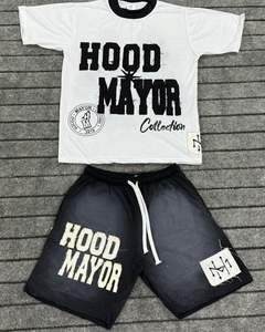 Camisetas y pantalones cortos vintage desgastados desteñidos al sol lavado ácido logotipo personalizado conjunto de pantalones cortos estampados de silicona para hombre - Product Image 2