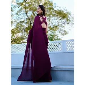 Style De Maison Saree en Georgette froissée couleur vin, élégant, col en V, ample, sans manches, longueur ras du sol, travail artisanal, léger, toutes saisons - Product Image 3
