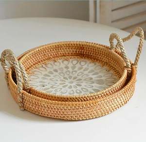 Bandejas de almacenamiento de excelente calidad, decoración moderna, personalizada, de lujo para exteriores, ecológica, marrón, redonda, para servir, bandeja de ratán, exhibición de alimentos - Product Image 1