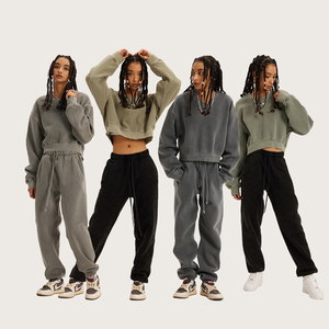 Imprimé personnalisé femmes surdimensionné 400 Gsm poids lourd Vintage lavé haut court sweats à capuche polaire col en v recadrée sweat femmes - Product Image 1