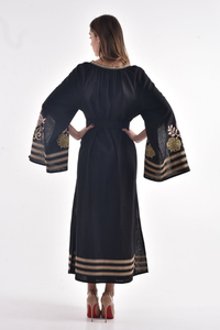 Femmes élégant ukrainien fête porter à manches longues cloche brodé étage longueur robe lin o-cou fêtes de mariage lavable - Product Image 4