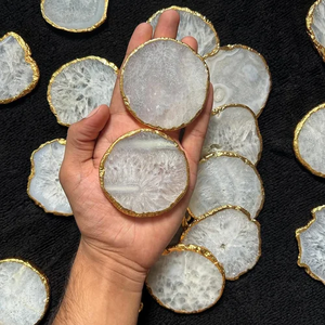 Natural <b>White</b> Agate Polished <b>Coaster</b> With Gold Edge Electroplating Salt Slice Crystal Healing <b>Coasters</b> Love For Home Decoration - Product Image 3