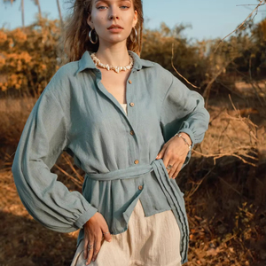 Haut Boho bleu avec manches bouffantes Chemise tricotée taille unique Long uni teint couvrir avec ceinture solide motif Outwear - Product Image 1