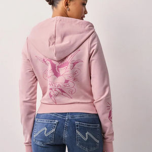 Sweat à capuche court pour femme en coton 100% avec logo personnalisé, rose, épaules tombantes, anti-froissement et respirant, sweat à capuche zippé pour femme - Product Image 6