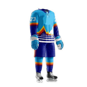 Uniforme de Hockey sobre Hielo Personalizado, Azul Claro con Gráfico de Montaña, Verde a Cuadros, Hoja de Trébol Cosida, Jersey, Pantalones Cortos, Calcetines, Conjunto Deportivo Completo para Equipo - Product Image 2