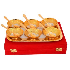 Juego de cuencos chapados en oro y plata alemana de lujo con 6 cuencos, 6 cucharas y 1 bandeja con caja de terciopelo real disponible para la venta - Product Image 3