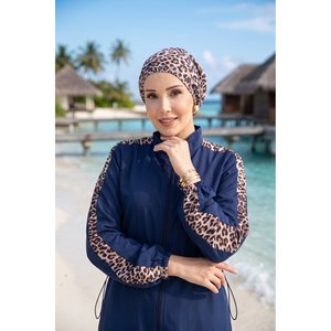 Maillot de bain trois pièces modeste bleu marine à imprimé léopard avec fermeture éclair, style burkini, avec soutien-gorge push-up et pantalon, pour la plage et la baignade - Product Image 2