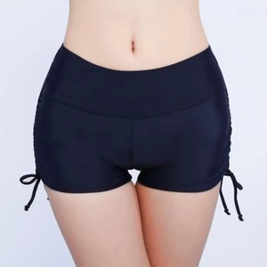 Women's Solid Color Summer Beach Bandage Swim Shorts Logo on Waist Knitted <b>Fabric</b> Side <b>Pleated</b> Bikini Bottom Leggings - Product Image 5