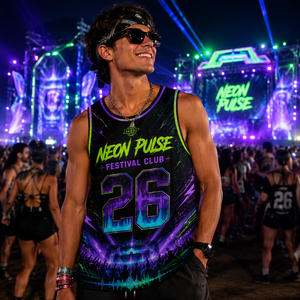 Débardeur personnalisé pour festival de musique, débardeur néon, maillot pour événement EDM, sans manches, imprimé sur toute la surface, effet sublimation lumineux - Product Image 1