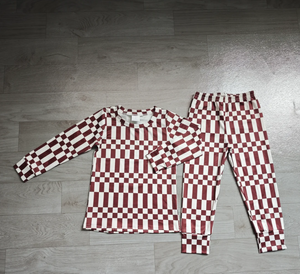 Conjunto de Pijama a Cuadros de Manga Larga para Niños, Color Granate y Blanco, Patrón Geométrico, Tejido de Punto, Estilo Casual - Product Image 3