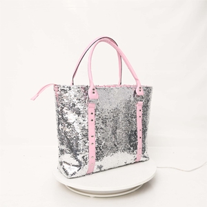 Sac fourre-tout en sequins argentés pour femmes, sac à main scintillant avec bandoulière rose, sac à main en sequins tendance, poignée rose premium, look de soirée, voyage - Product Image 1
