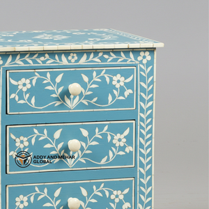 Artisan Blue Bone Inlay Nightstand Floral Pattern Dormitorio Accent Table - Product Image 2
