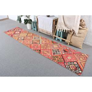 Vintage Kilim <b>Runner</b> Rug 2.3x10.1 ft (70x309 cm), Turkish <b>Red</b> Check Wool Rug - Product Image 2