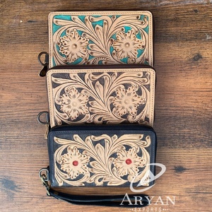 Cartera de cuero hecha a mano para mujer, monedero Continental con cremallera, tarjetero, cartera larga Vintage marrón occidental, regalos para ella - Product Image 1