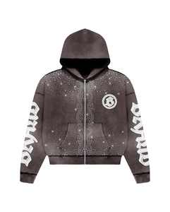 Chándal con capucha con apliques de diamantes de imitación de calidad superior con cremallera de gran tamaño francés Terry Drop Shoulder Vintage lavado con ácido desgastado - Product Image 2