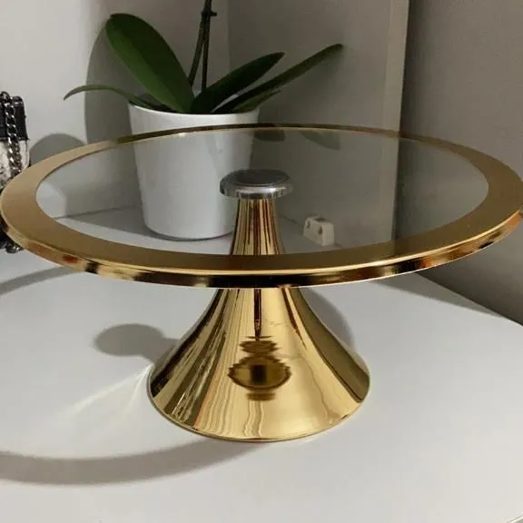 Metal and Glass Round Cake Stand Best Quality Large Size Gold Polished Wedding and Events Handmade Top Selling
