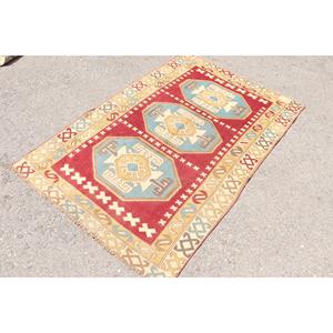 พรมวินเทจตุรกี ขนาด 4x6 ฟุต พรมลายทางสีแดงน้ำเงิน ทำจากขนสัตว์ - Product Image 2