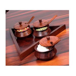 Tazón de madera Chttney Handi o de madera hecho a mano de diseño antiguo respetuoso con el medio ambiente con cuchara para la cocina casera y el hotel y los restaurantes - Product Image 2