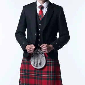 Jaket Hitam Wol Pangeran Skotlandia 100% Kilt dengan Dasi Harga Grosir Jaket/Mantel Pangeran Skotlandia Charlie untuk Dijual