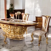 Ensemble de table à manger de luxe de style royal européen, 5 pièces, en bois d'acajou, plateau en marbre, sculptures en feuille d'or, design moderne du milieu du siècle, pour la maison et l'hôtel