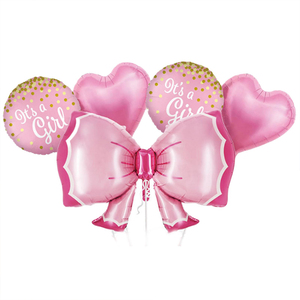 Palloncini in Foil a Forma di Cuore con Fiocco Rosa 'It's a Girl', Decorazioni per Celebrazioni di Nascita e Rivelazione del Sesso del Bambino - Product Image 1