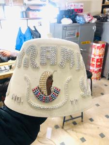 Chapeau Fès maçonnique blanc fait à la main personnalisé avec broderie en strass et design égyptien-HSE - Product Image 5