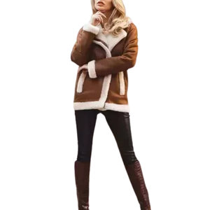 Chaqueta de bombardero con cremallera de cuero de piel de oveja Premium marrón, abrigo con forro de piel de oveja, chaqueta de bombardero para mujer - Product Image 6