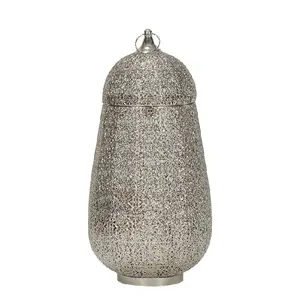 Lanterne arabe de table décorative à la maison traditionnelle en métal pour épouser la forme ronde nickelée marocaine accrochée fortement de finition - Product Image 1