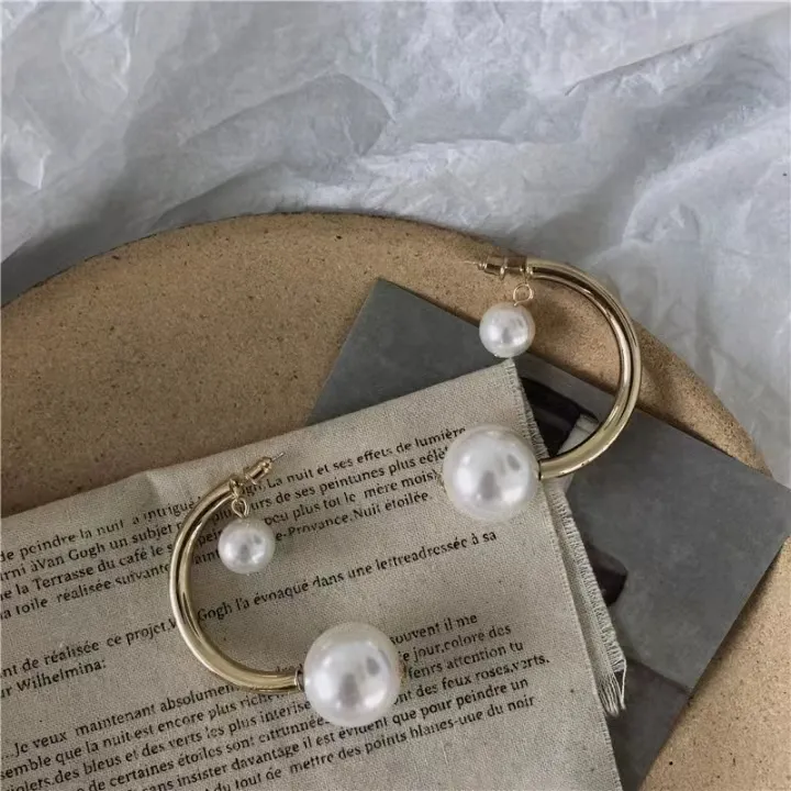Drop Big Pearl Geometric New Fashion Modern Jewelry Gold Half Circle Hoop Stud Earrings Women