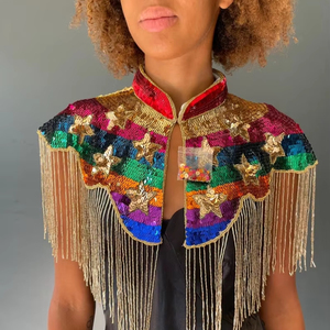 Belle cape burlesque en polyester noir avec des brins de perles et des paillettes élégante attache le cou pour les occasions de club festives - Product Image 1