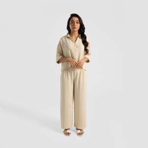 Buttoned up 100% <b>Linen</b> Shirt (Biscotti) Simple Fashion Workout <b>Top</b> - Product Image 4