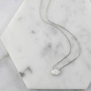 tiny <b>opal</b> stone <b>necklace</b> rhodium plated silver chain - Product Image 2