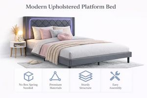 Base de Cama Tapizada con Luces LED, Cabecera Acolchada con Diseño de Diamantes, Mueble de Dormitorio Doble Moderno, Minimalista y Acogedor - Product Image 6