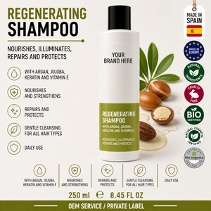Shampoo à l'argan, au jojoba et à la kératine en marque privée 250 ml OEM |   Shampoo réparateur régénérant et nourrissant anti-âge pour cheveux |   Espagne UE - Product Image 1