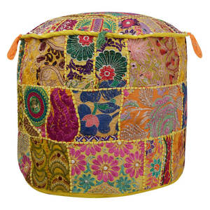 Traditional Bohemian Embroidered Foot <b>Stool</b> Vintage Patchwork Ottoman 18 X 13 Inches Fabric Bamboo for Living Decorative Use - Product Image 1