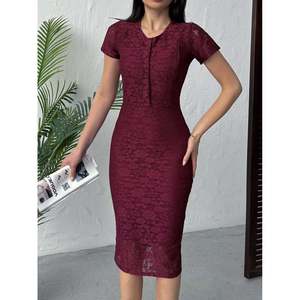 MissJANELL Vestido midi elegante de encaje marrón para mujer, tela de mezcla de poliéster y elastano, versátil para uso informal y de fiesta, tallas S-XL - Product Image 1