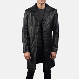 2026 Wholesale Men's Genuine Leather Long Trench Coat With Zipper Closure Notched Lapel Punk Style Outerwear <b>Black</b> - Product Image 1