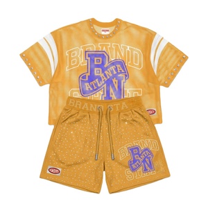 Women Breathable Polyester <b>Mesh</b> Short Set GSM Yellow Contrast Sleeve Panels <b>Rhinestone</b> Heat Transfer Custom Logo Women's Sets - Product Image 1