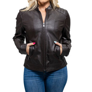 Veste en cuir pour femme de haute qualité, matière en peau de mouton, coupe moto classique avec col montant et style mince et épuré chez Nurak - Product Image 1
