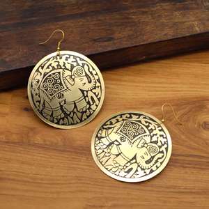 Wholesale Indian Handcrafted Brass Elephant <b>Disc</b> Earrings | Antique <b>Gold</b> Tone Engraved Round Dangle Ethnic Fashion Jewelry - Product Image 4