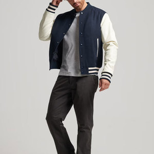 Veste de sport pour homme bleu marine avec manches crème, col montant, fermeture à boutons, vêtement décontracté pour l'automne - Product Image 3